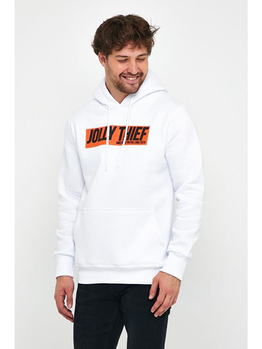 Beyaz Claud Jolly Thief Baskılı Unisex Erkek Hoodie