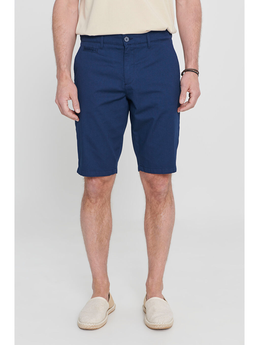Erkek Lacivert Slim Fit Dar Kesim Pamuklu Yan Cepli Armürlü Şort-1