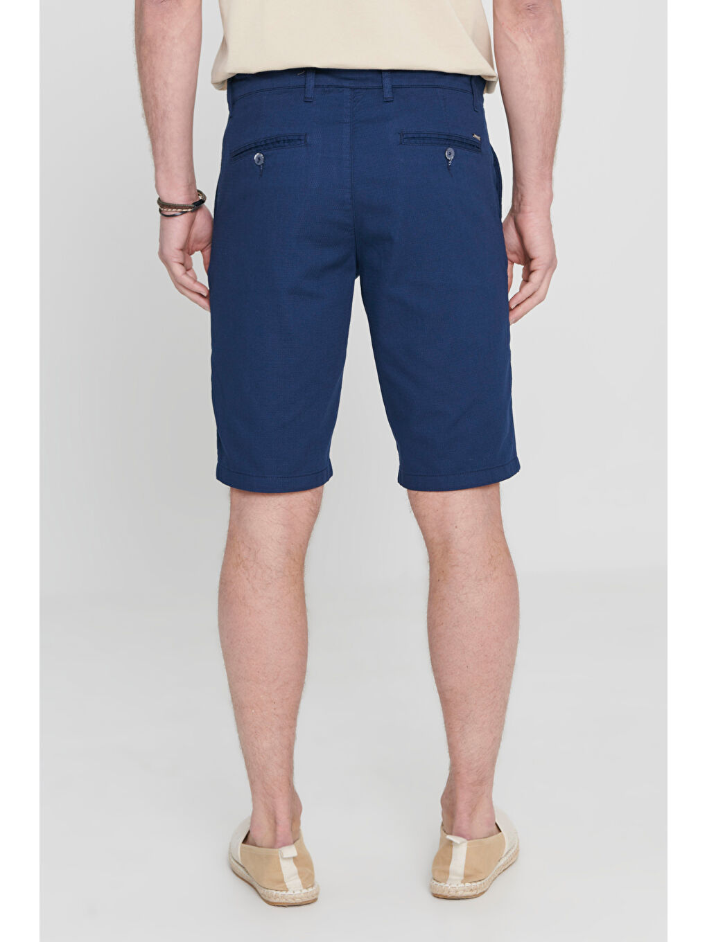 Erkek Lacivert Slim Fit Dar Kesim Pamuklu Yan Cepli Armürlü Şort-5