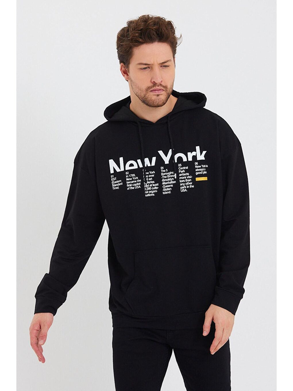 Siyah Erkek Kapüşonlu Oversize Fit Newyork Baskılı Hoodie SPR23SW362-1