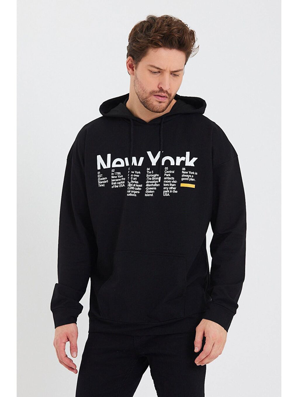 Siyah Erkek Kapüşonlu Oversize Fit Newyork Baskılı Hoodie SPR23SW362-2