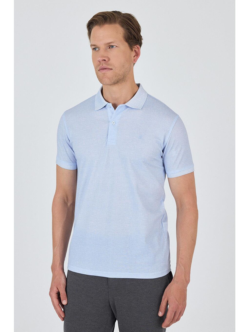 Koyu Mavi Kısa Kol Baskılı Pike Polo Yaka Cepsiz Esnek Casual Slim Fit Tişört 1011250153