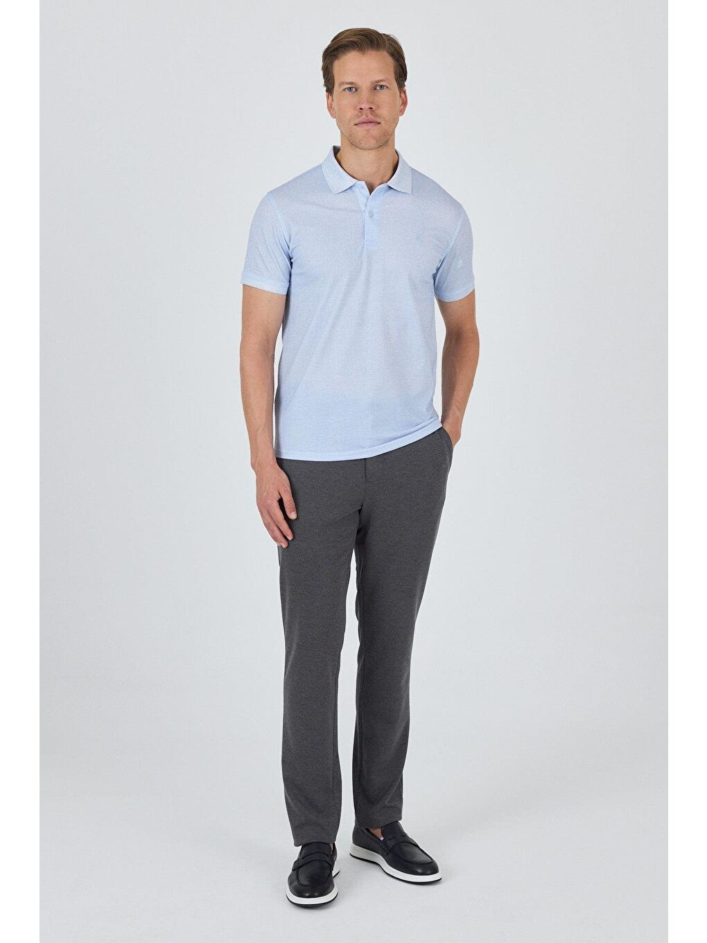 Koyu Mavi Kısa Kol Baskılı Pike Polo Yaka Cepsiz Esnek Casual Slim Fit Tişört 1011250153-1