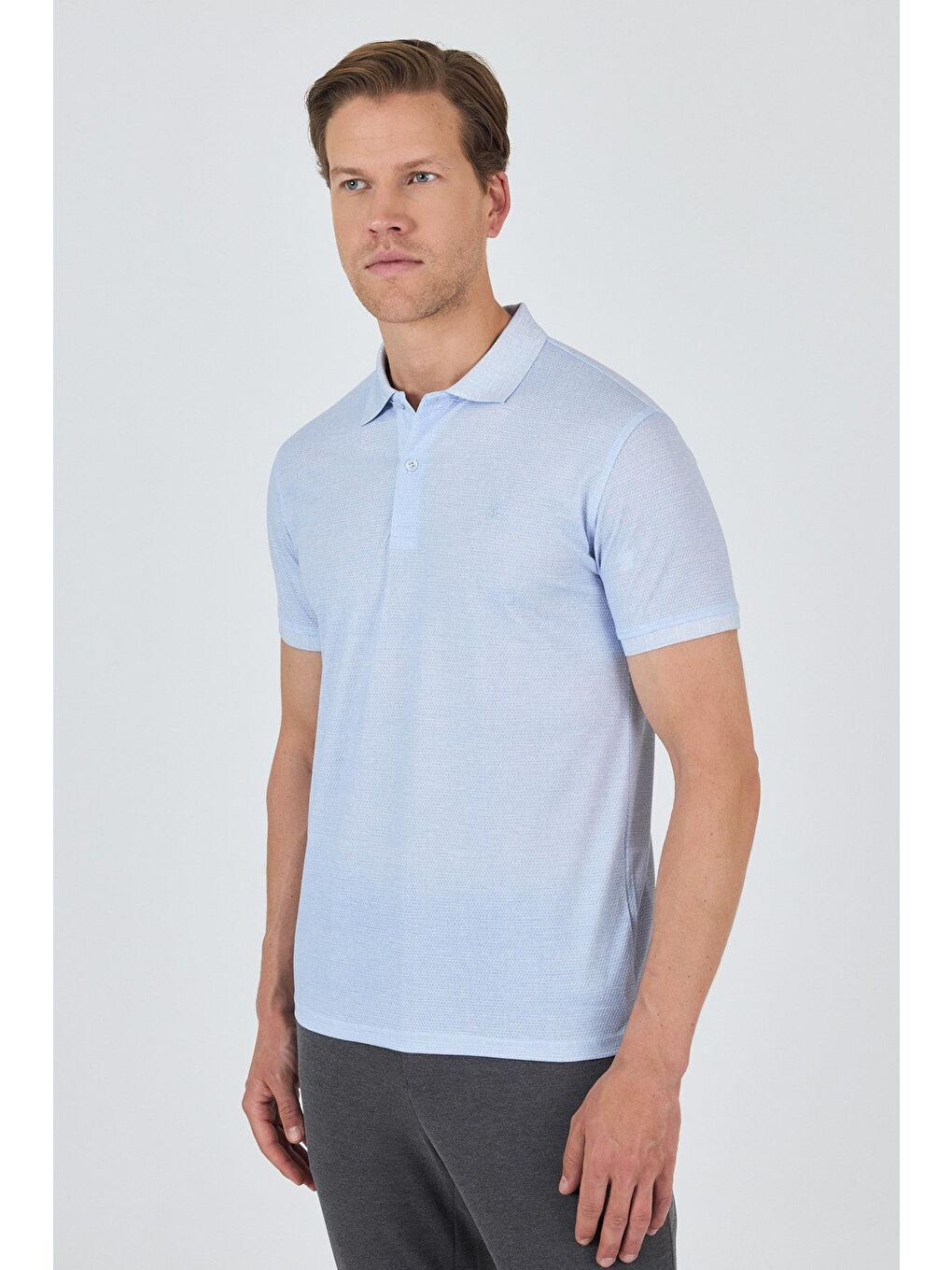 Koyu Mavi Kısa Kol Baskılı Pike Polo Yaka Cepsiz Esnek Casual Slim Fit Tişört 1011250153-2