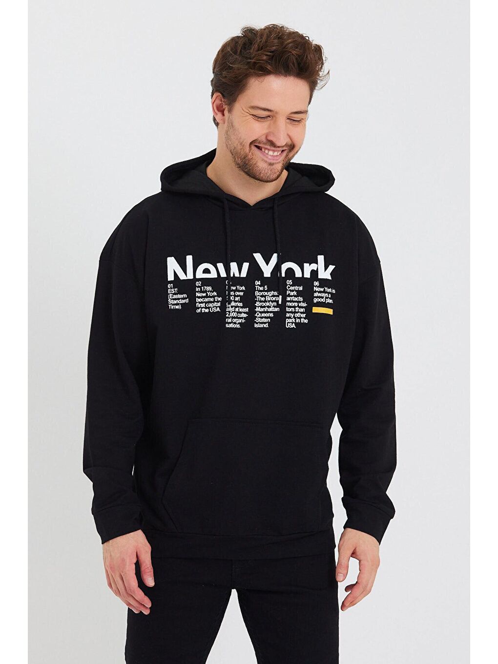 Siyah Erkek Kapüşonlu Oversize Fit Newyork Baskılı Hoodie SPR23SW362-3