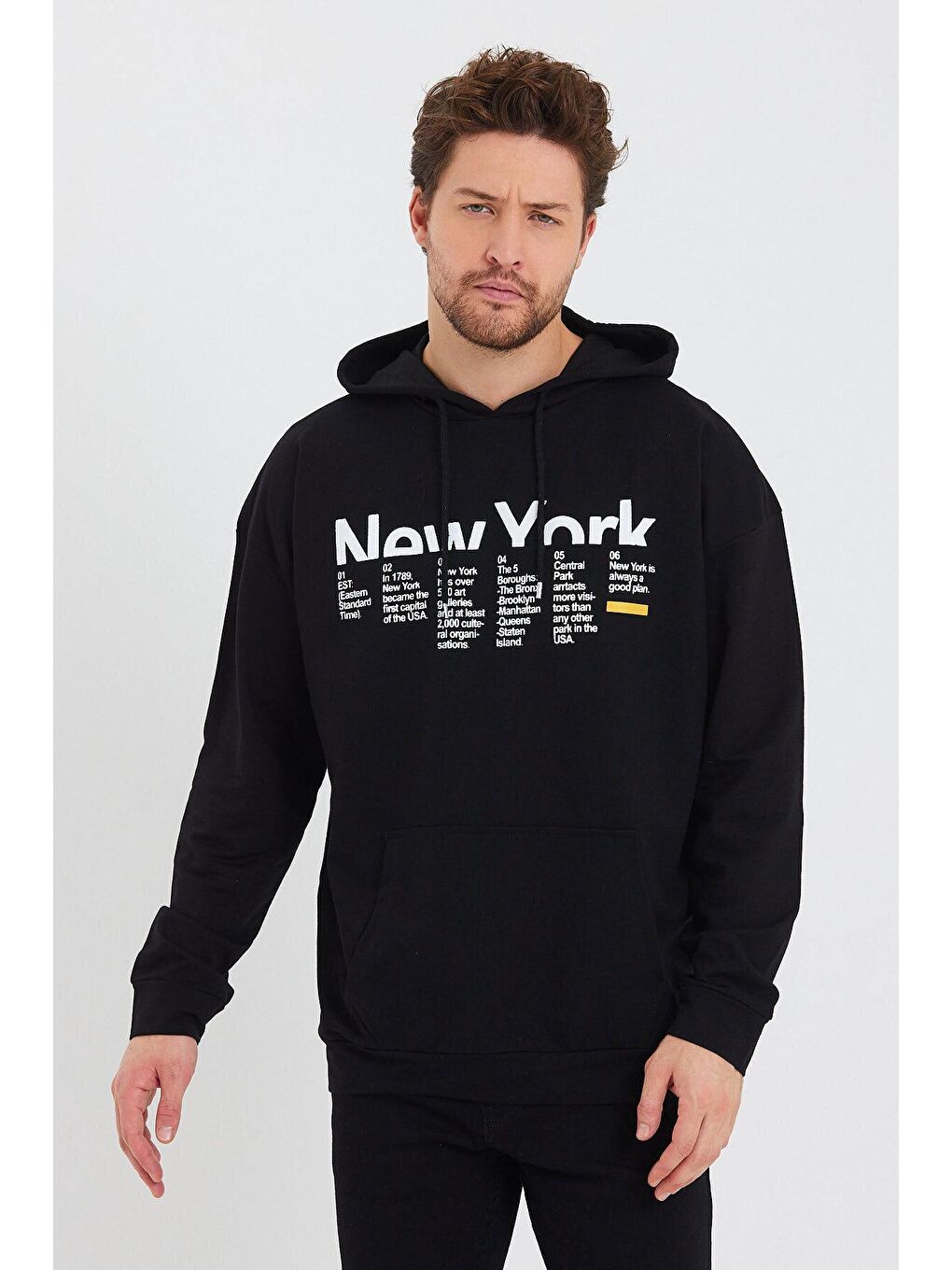 Siyah Erkek Kapüşonlu Oversize Fit Newyork Baskılı Hoodie SPR23SW362-4