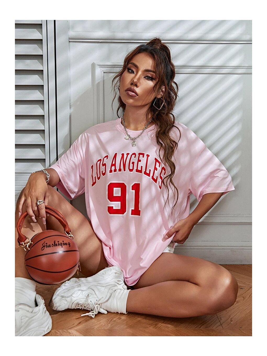 Kadın Pudra Pembe Los Angeles 91 Baskılı Oversize Tişört