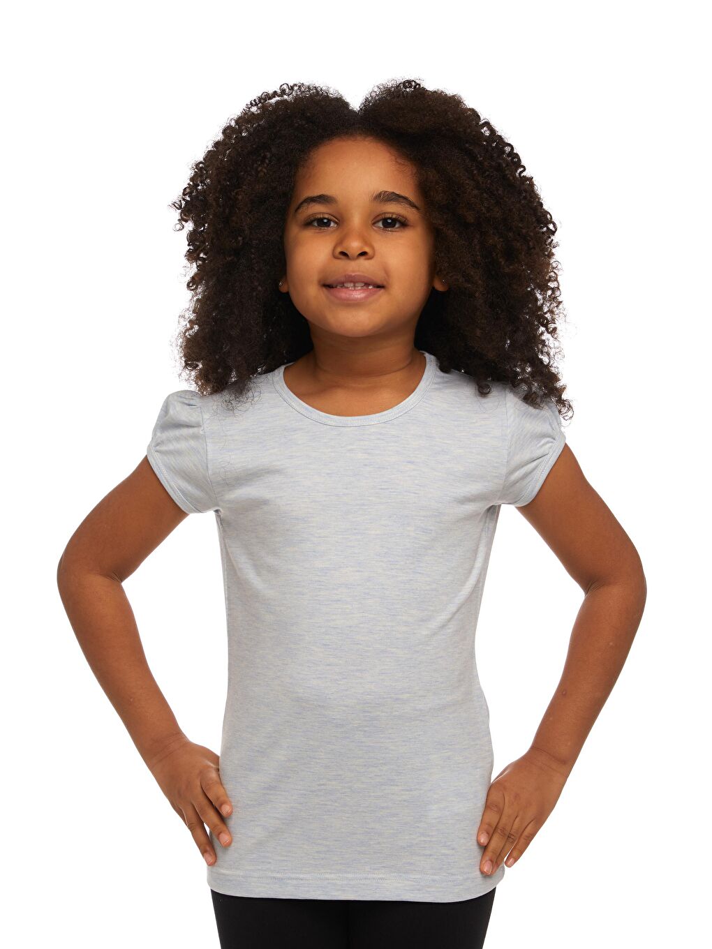 Açık Mavi Melanj Kız Çocuk Kısa Kollu Basıc Tişört