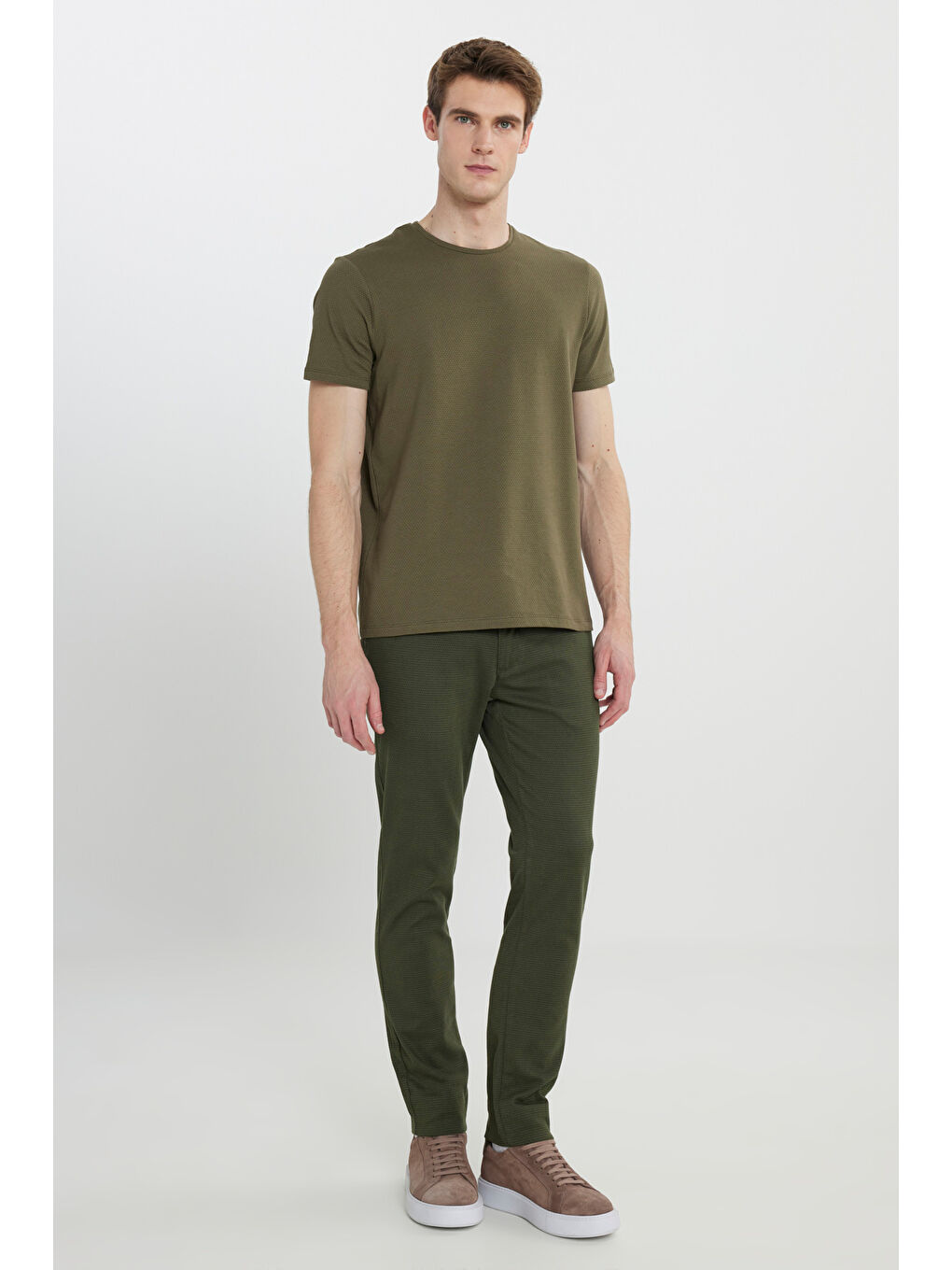 Erkek Haki Slim Fit Dar Kesim Bisiklet Yaka Desenli Tişört-1