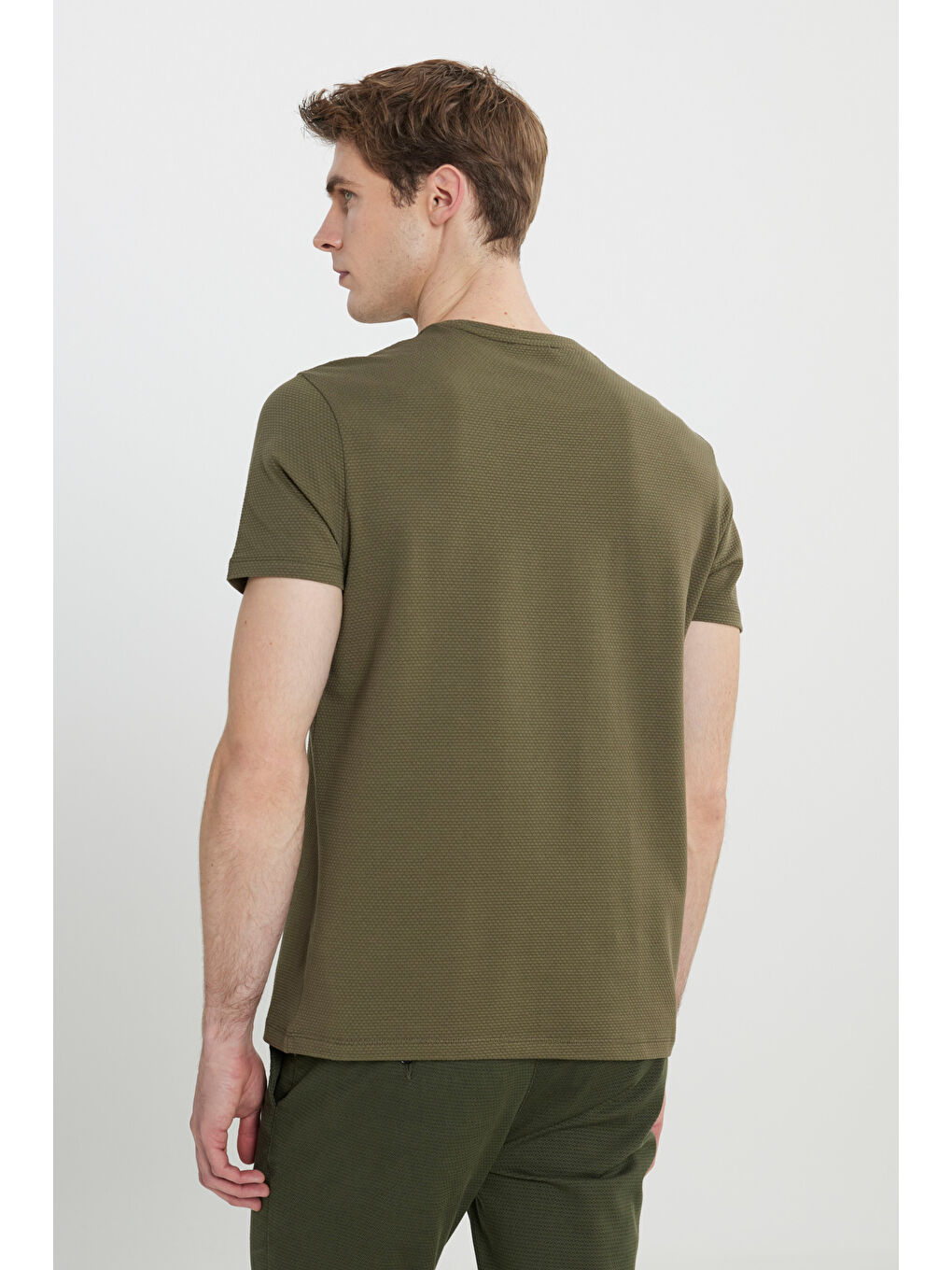 Erkek Haki Slim Fit Dar Kesim Bisiklet Yaka Desenli Tişört-4