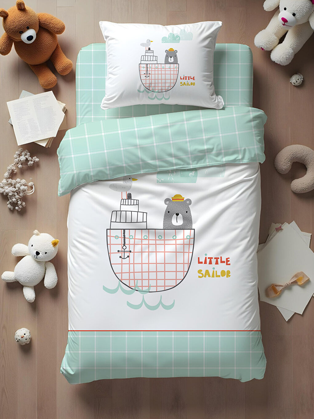 Little Sailor 70x120 cm Bebek Nevresim Takımı - Mint Yeşili Pamuklu & Fermuarlı-0