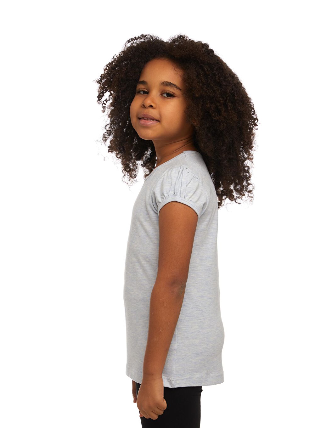 Açık Mavi Melanj Kız Çocuk Kısa Kollu Basıc Tişört-1