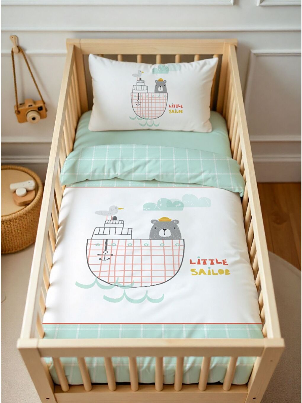 Little Sailor 70x120 cm Bebek Nevresim Takımı - Mint Yeşili Pamuklu & Fermuarlı-1