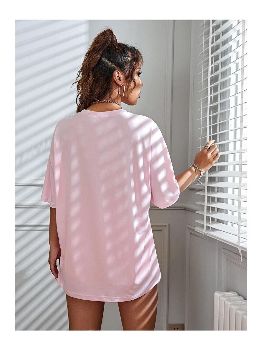 Kadın Pudra Pembe Los Angeles 91 Baskılı Oversize Tişört-1