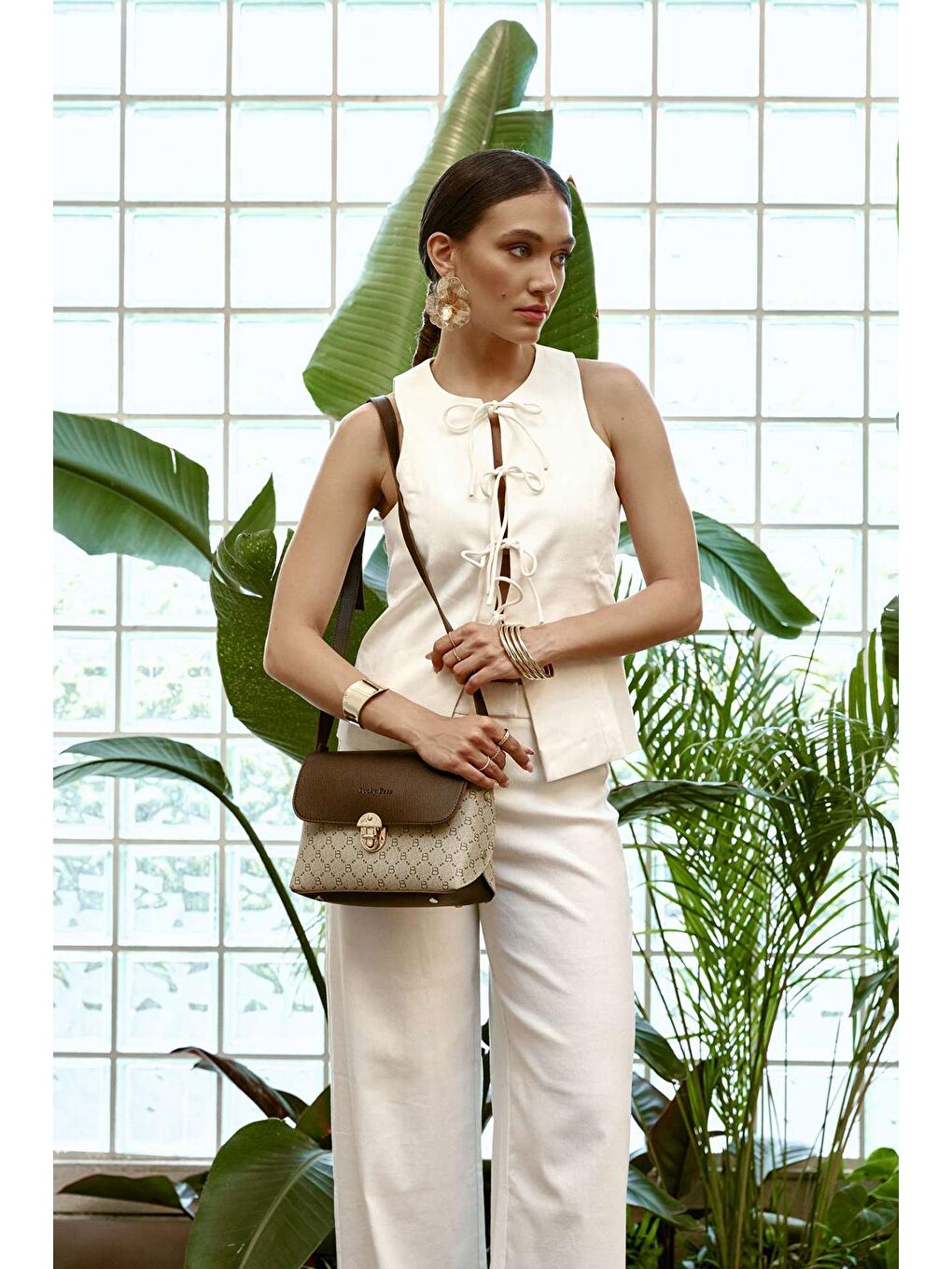 Ekru Kadın Çapraz Askılı El ve Omuz Çantası-4