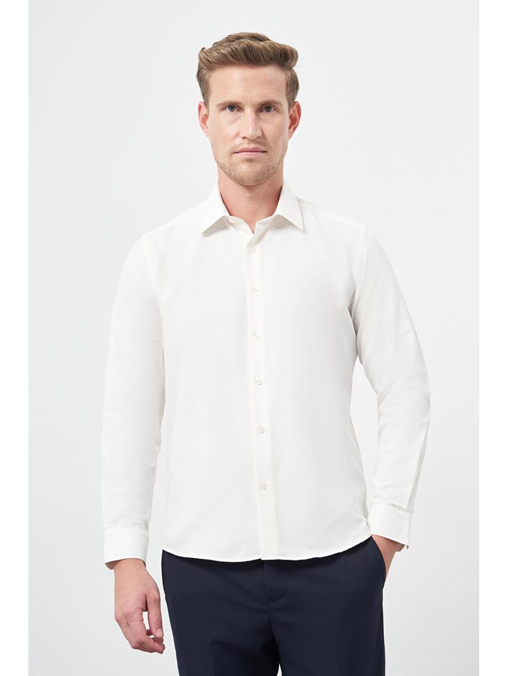 Kahverengi Açık Krem Uzun Kol Düz Bez Ayağı Sert Yaka Cepsiz Pamuklu Classic Slim Fit Gömlek 1004245267