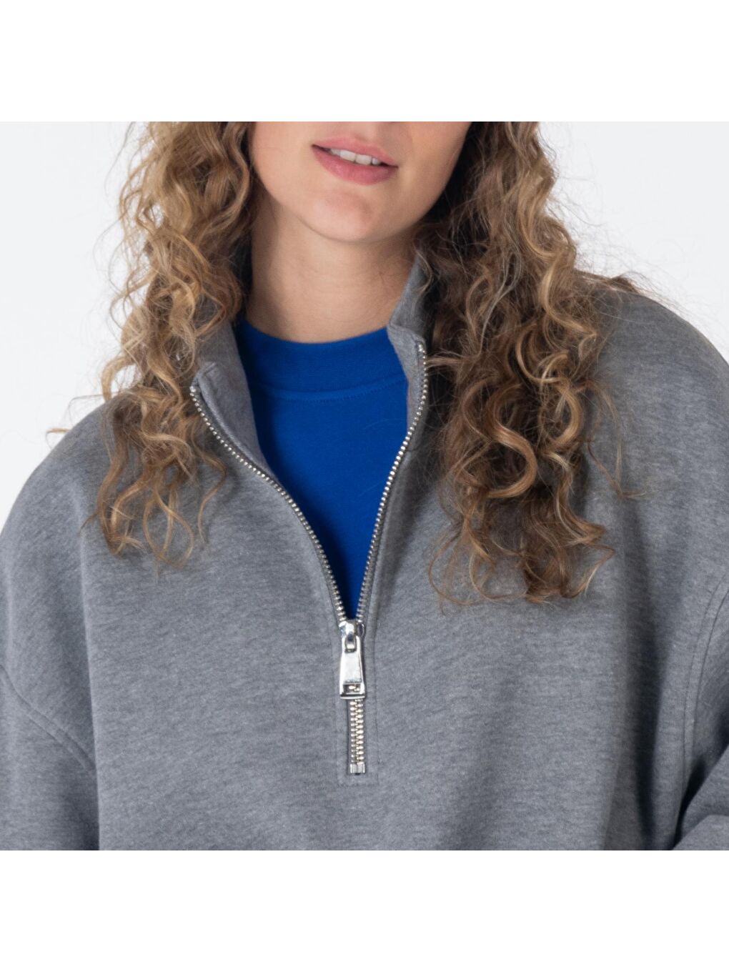 James Kadın Gri Melanj Dik Yaka Oversize Yarı Fermuarlı Sweatshirt-3