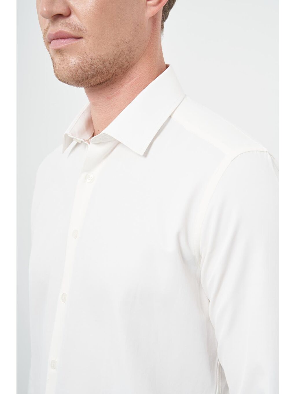 Kahverengi Açık Krem Uzun Kol Düz Bez Ayağı Sert Yaka Cepsiz Pamuklu Classic Slim Fit Gömlek 1004245267-3