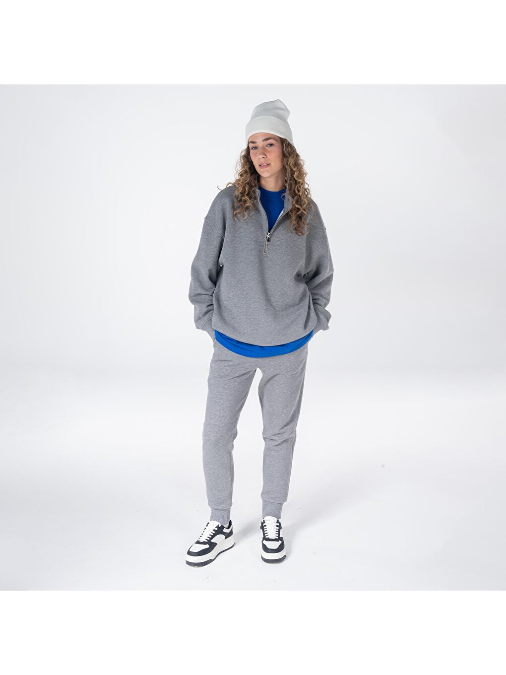 James Kadın Gri Melanj Dik Yaka Oversize Yarı Fermuarlı Sweatshirt-4