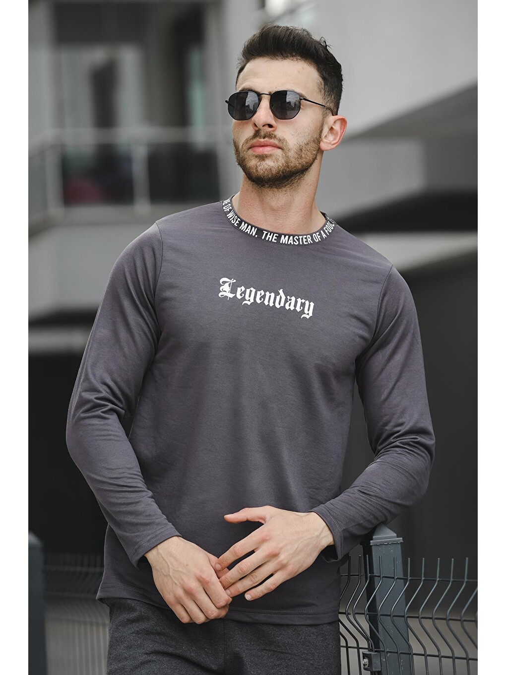 Gri Yakası Baskılı Slim Fit Elastanlı Sıfır Yaka Erkek Sweatshirt-2