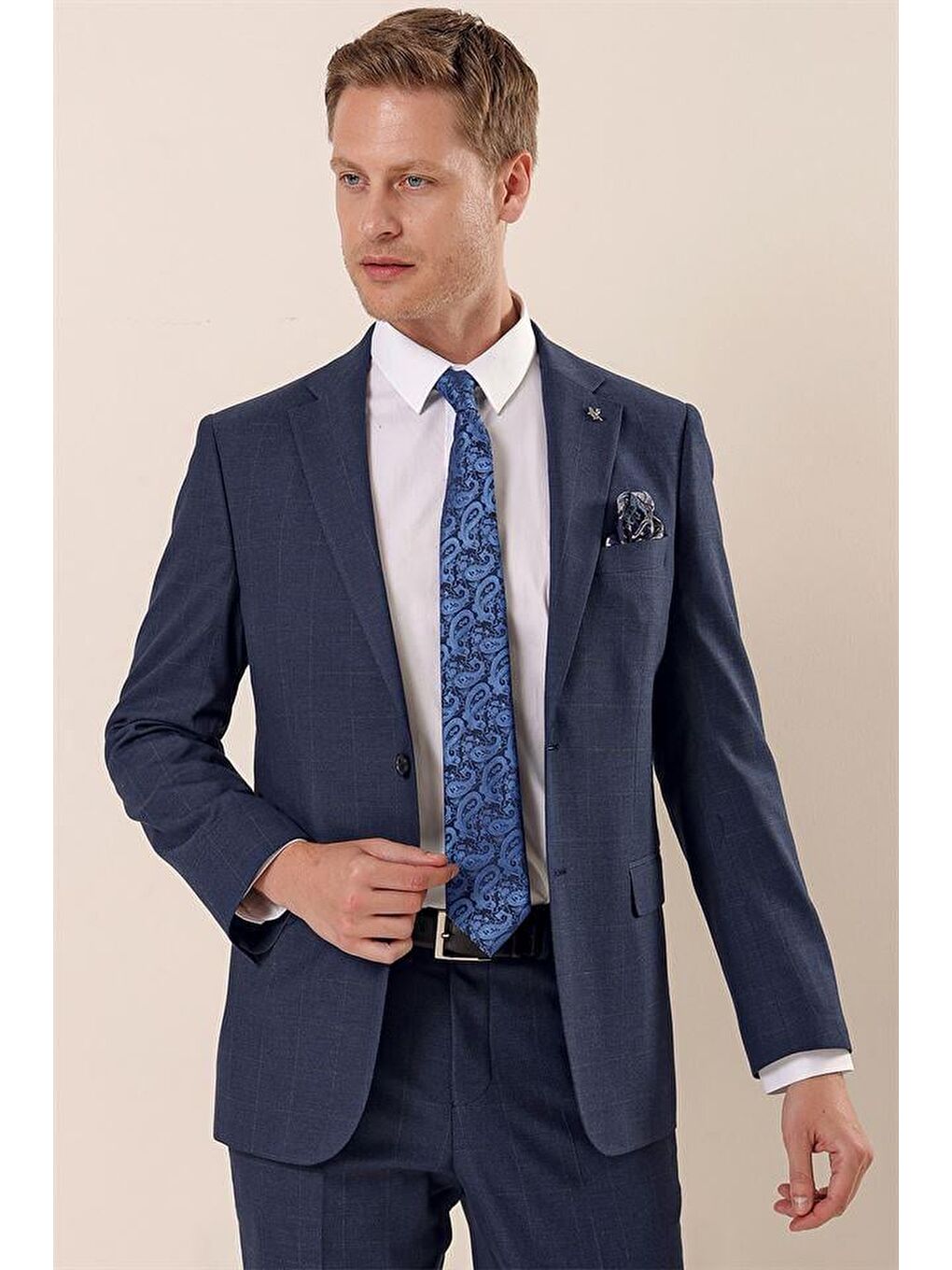 Lacivert Kareli Mono Yaka Astarlı 6 Drop Comfort Fit Rahat Kesim Klasik Takım 1001230157