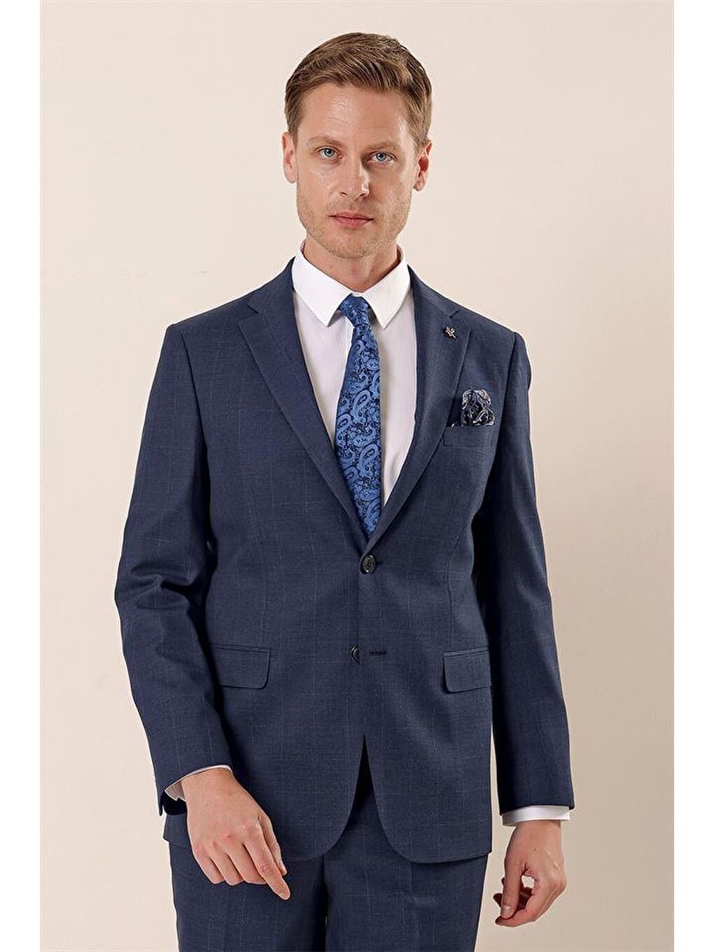 Lacivert Kareli Mono Yaka Astarlı 6 Drop Comfort Fit Rahat Kesim Klasik Takım 1001230157-2