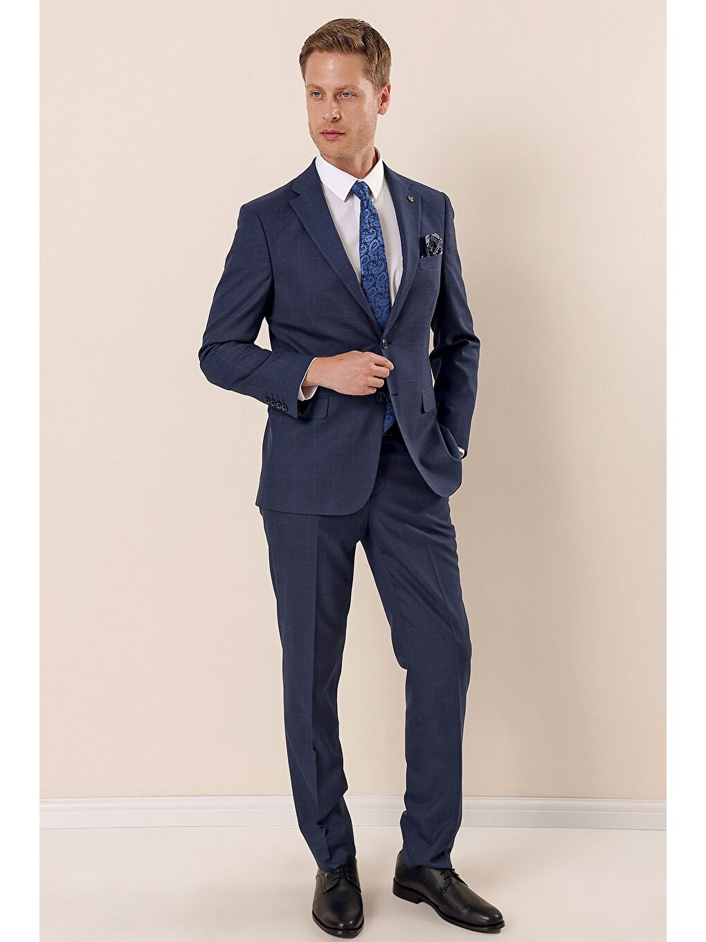 Lacivert Kareli Mono Yaka Astarlı 6 Drop Comfort Fit Rahat Kesim Klasik Takım 1001230157-3