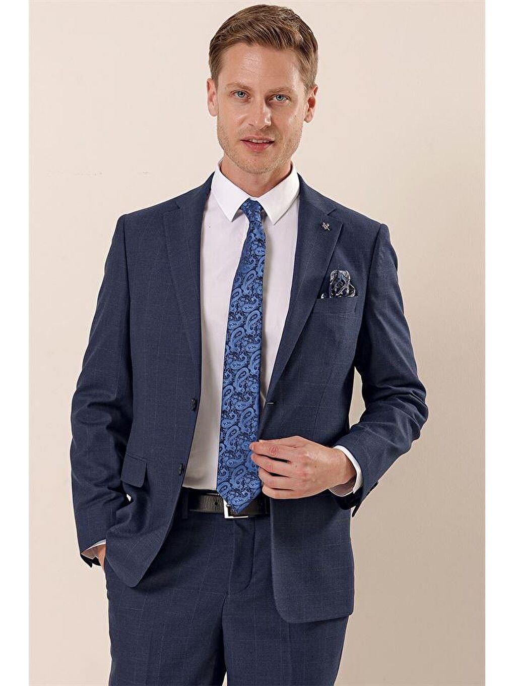 Lacivert Kareli Mono Yaka Astarlı 6 Drop Comfort Fit Rahat Kesim Klasik Takım 1001230157-6