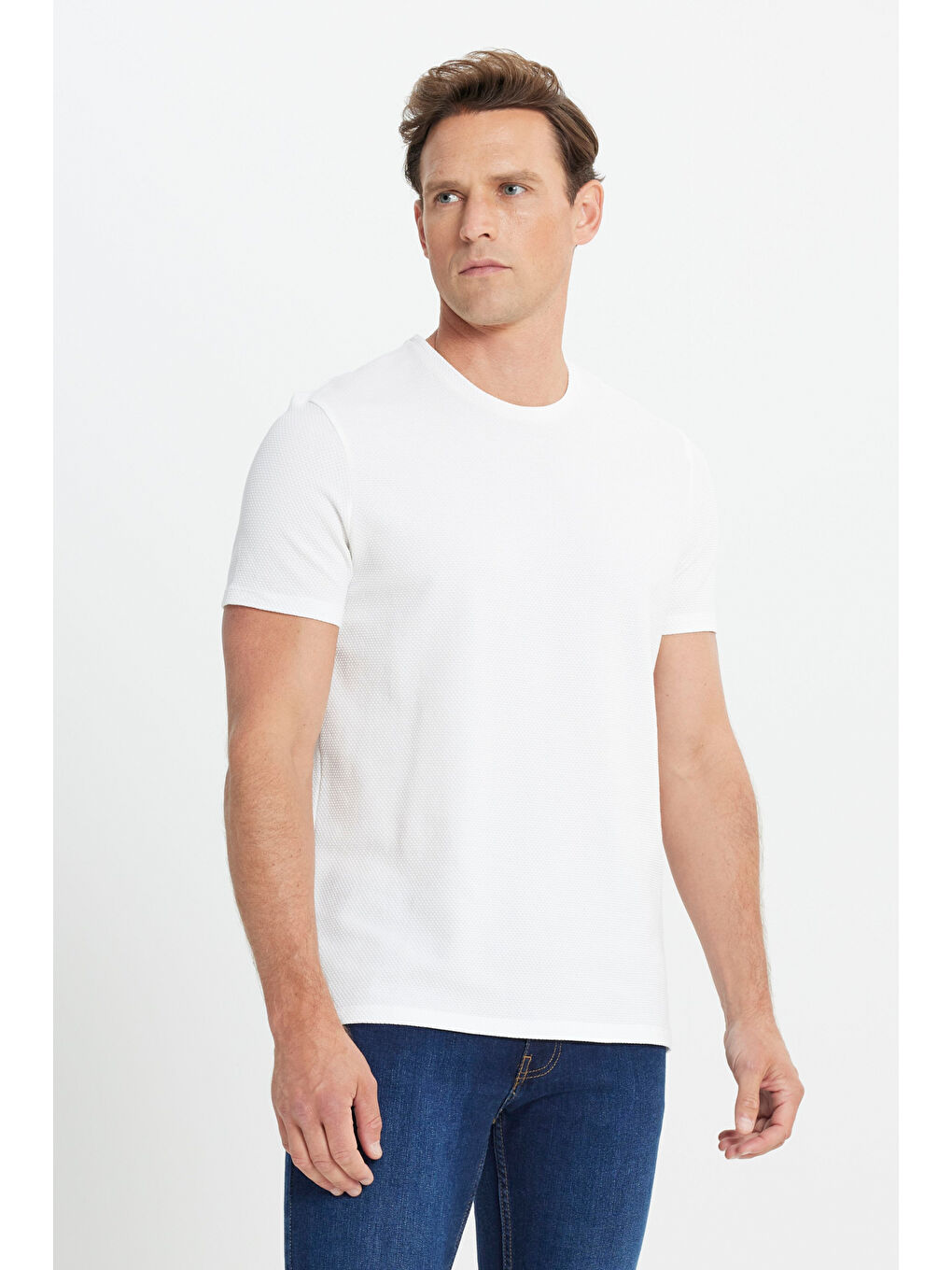 Erkek Beyaz Slim Fit Dar Kesim Bisiklet Yaka Desenli Tişört-2