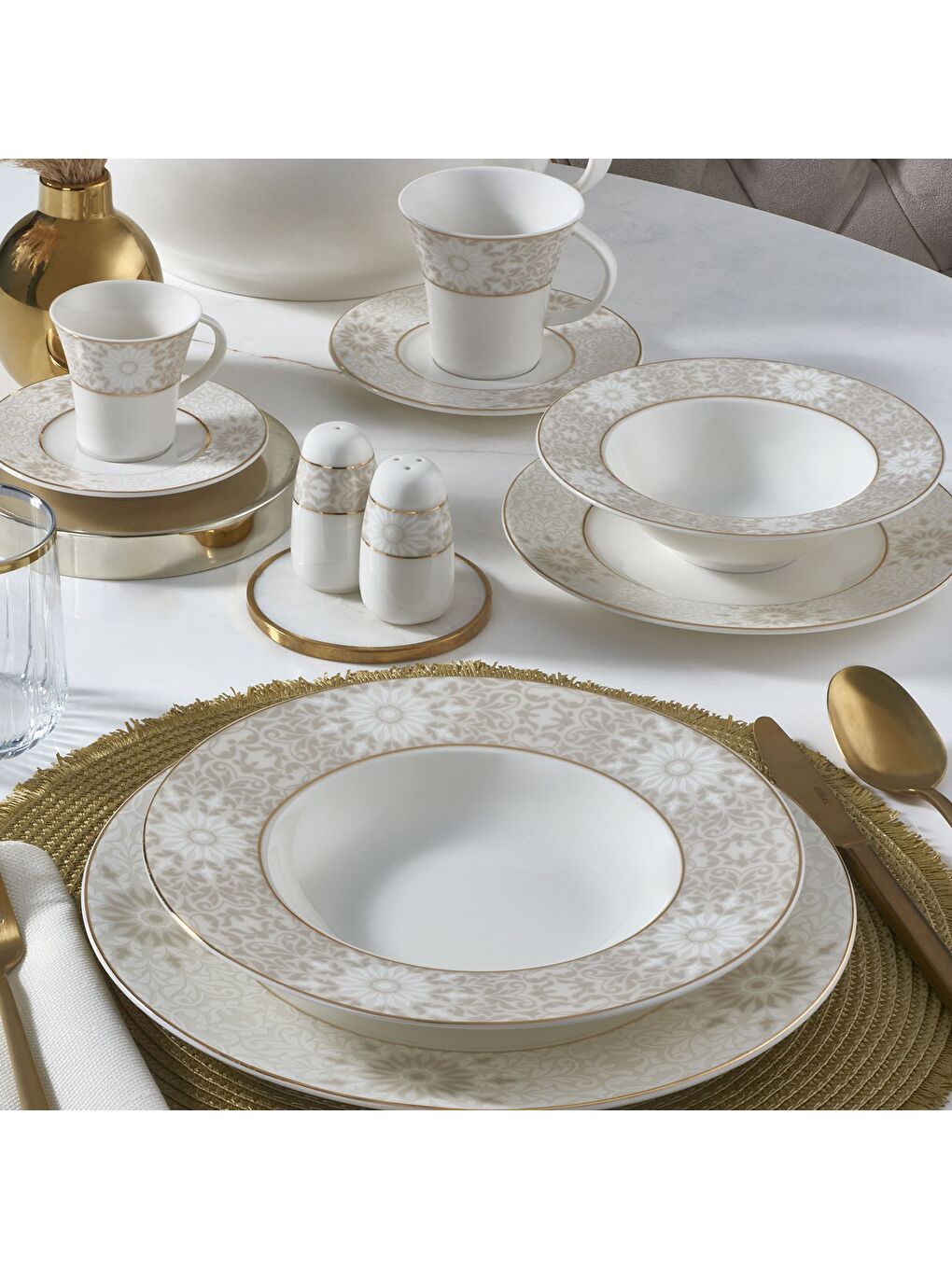 Ekru 85 Parça Yuvarlak Bone Yemek Takımı - 6132-2