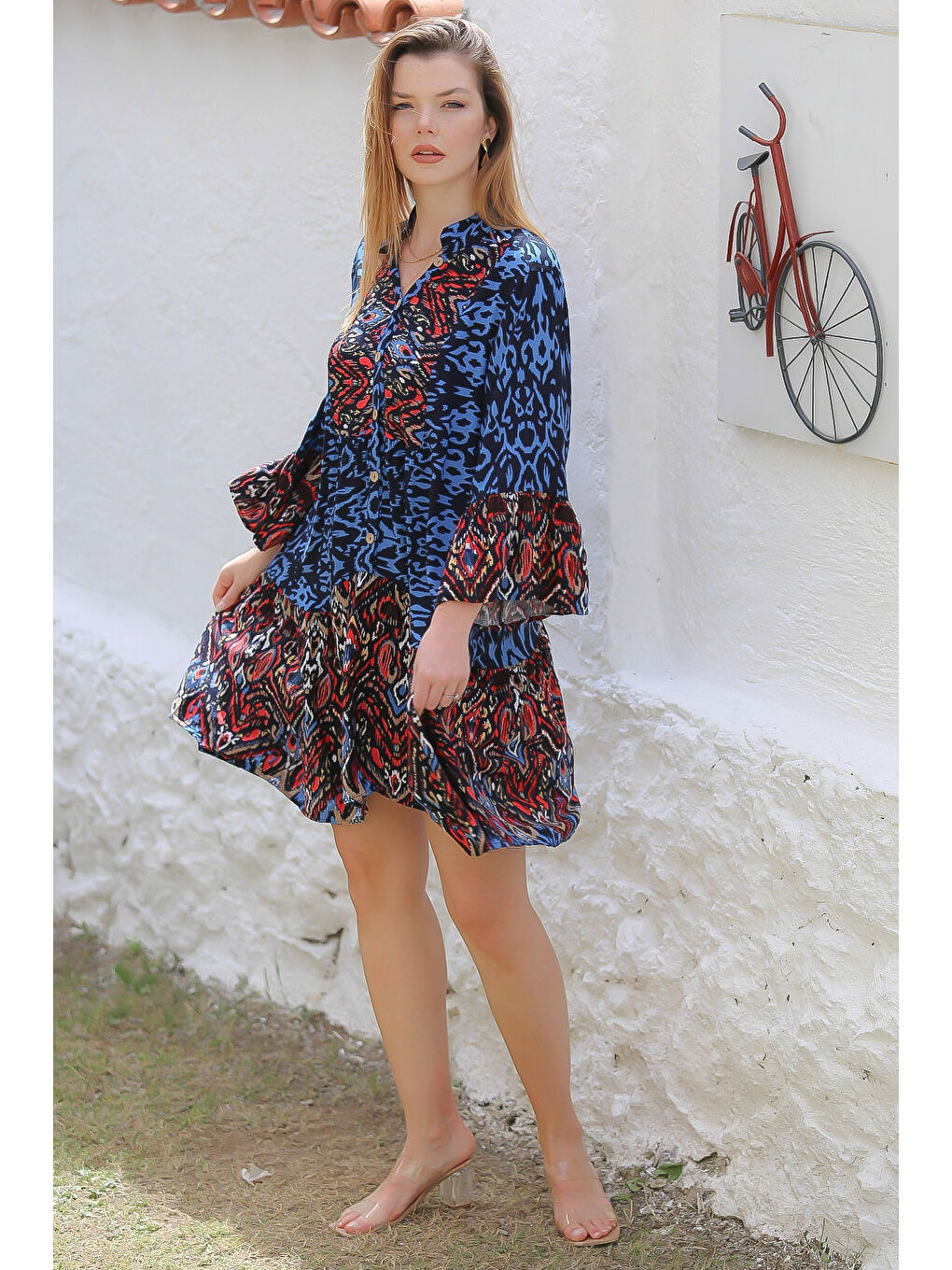 Mavi Hakim Yaka 3/4 Kol Düğmeli Kol Ve Etek Ucu Fırfırlı Allover Baskılı Dokuma Casual Elbise-1