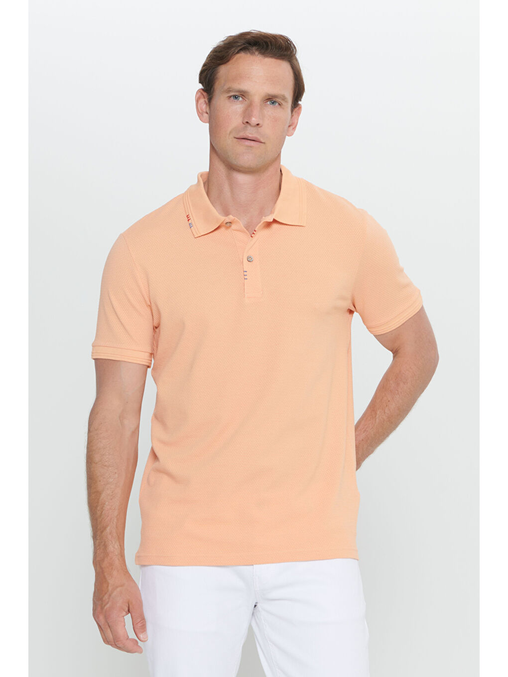 Erkek Açık Turuncu Slim Fit Dar Kesim Polo Yaka Düz Pamuklu Tişört