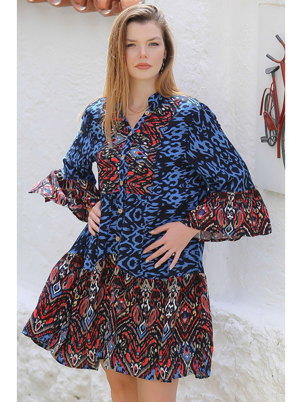 Mavi Hakim Yaka 3/4 Kol Düğmeli Kol Ve Etek Ucu Fırfırlı Allover Baskılı Dokuma Casual Elbise-3