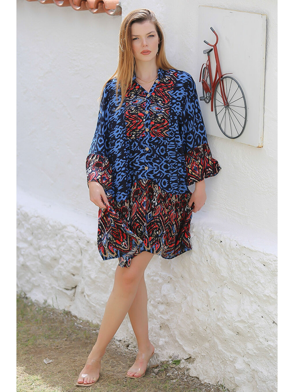 Mavi Hakim Yaka 3/4 Kol Düğmeli Kol Ve Etek Ucu Fırfırlı Allover Baskılı Dokuma Casual Elbise-4