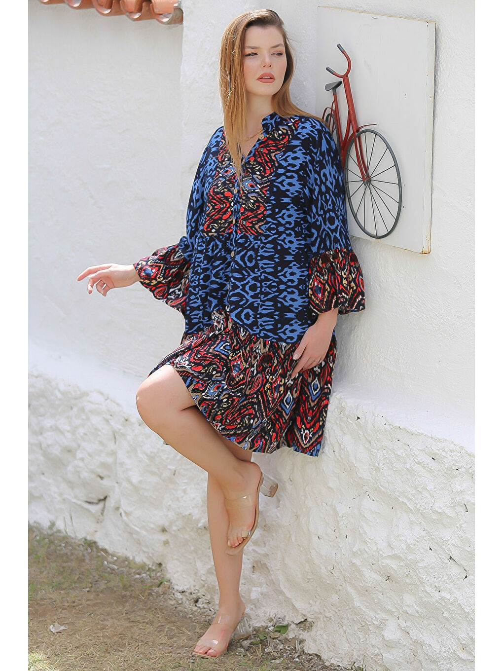 Mavi Hakim Yaka 3/4 Kol Düğmeli Kol Ve Etek Ucu Fırfırlı Allover Baskılı Dokuma Casual Elbise-5