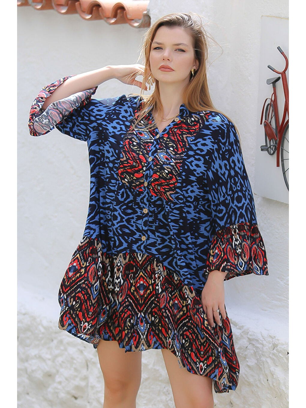 Mavi Hakim Yaka 3/4 Kol Düğmeli Kol Ve Etek Ucu Fırfırlı Allover Baskılı Dokuma Casual Elbise-6