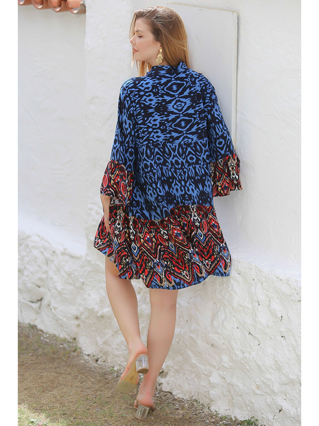 Mavi Hakim Yaka 3/4 Kol Düğmeli Kol Ve Etek Ucu Fırfırlı Allover Baskılı Dokuma Casual Elbise-7