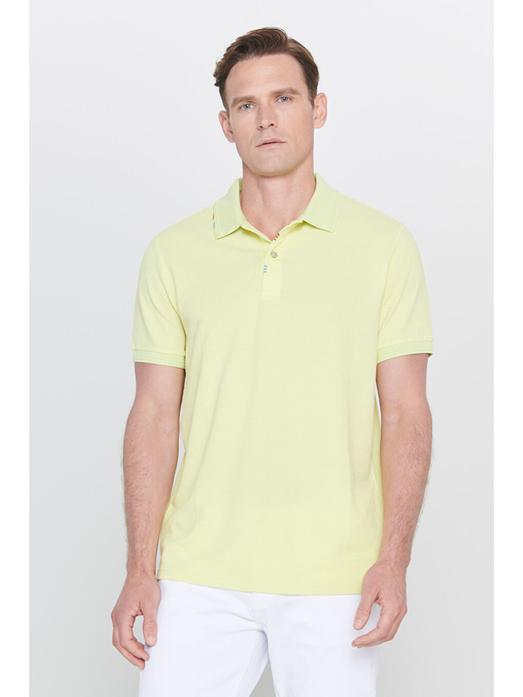 Erkek Fıstık Yeşil Slim Fit Dar Kesim Polo Yaka Düz Pamuklu Tişört