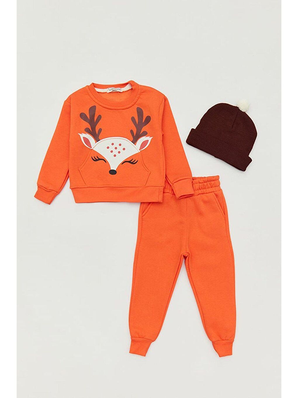 Turuncu Baskılı Şapkalı Unisex Çocuk Eşofman Takımı