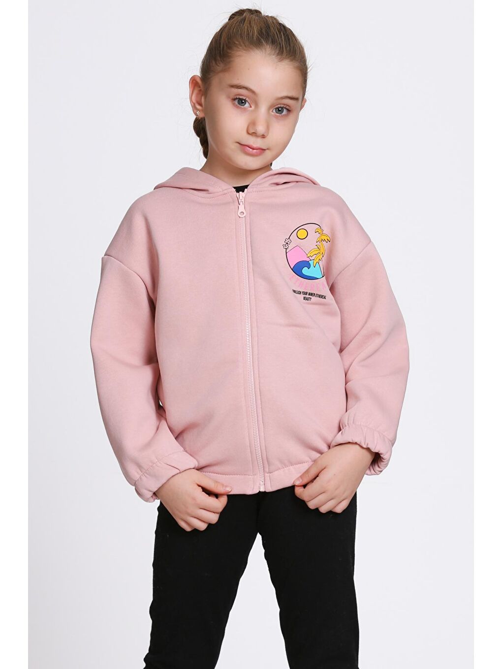 Pembe Kız Çocuk Gül Kurusu Ethereal Baskı Fermuarlı Sweatshırt-1
