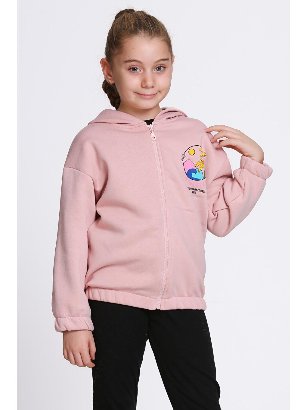 Pembe Kız Çocuk Gül Kurusu Ethereal Baskı Fermuarlı Sweatshırt-2