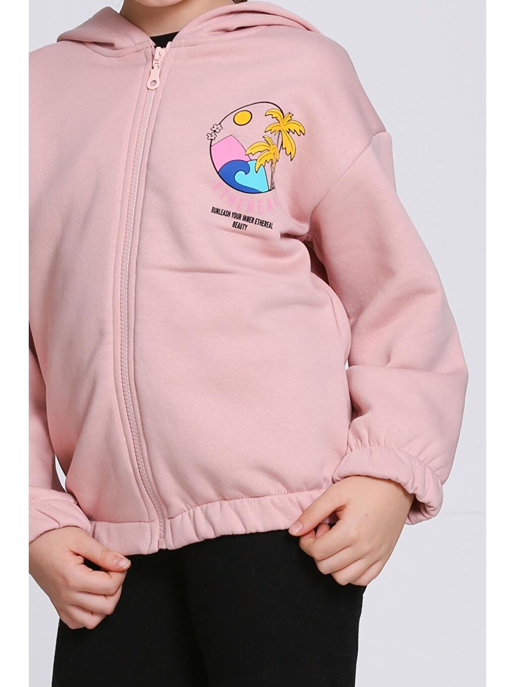 Pembe Kız Çocuk Gül Kurusu Ethereal Baskı Fermuarlı Sweatshırt-3