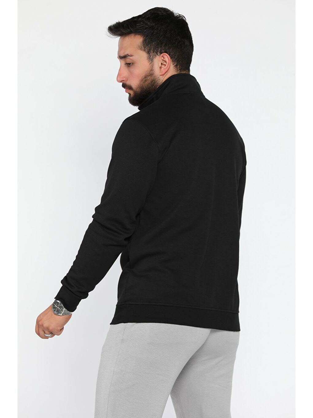 Siyah Erkek Dik Yaka Yarım Fermuarlı Amblem Detaylı Sweatshirt-2