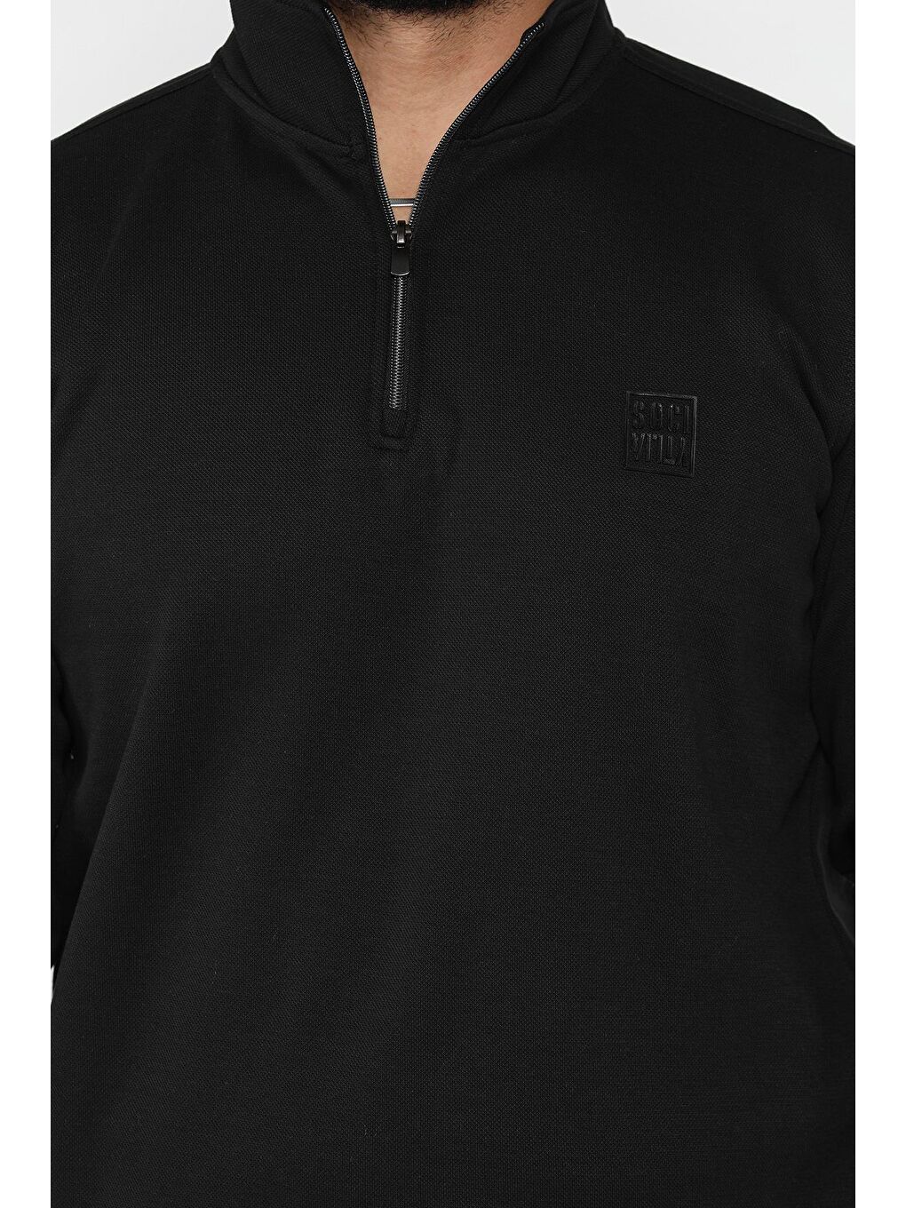 Siyah Erkek Dik Yaka Yarım Fermuarlı Amblem Detaylı Sweatshirt-3