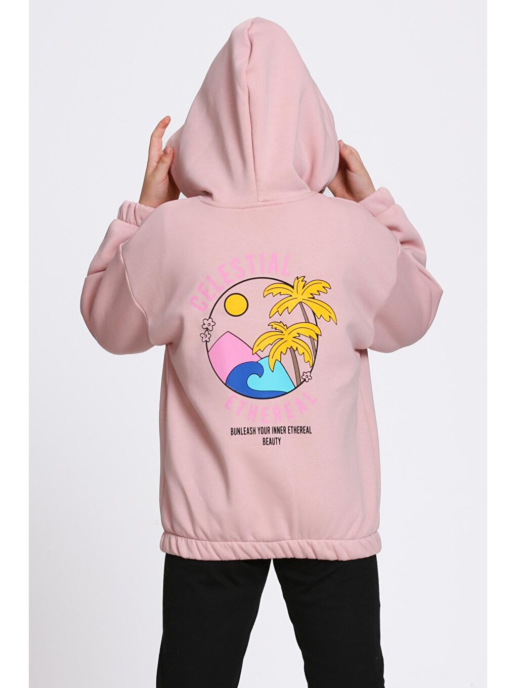 Pembe Kız Çocuk Gül Kurusu Ethereal Baskı Fermuarlı Sweatshırt-4