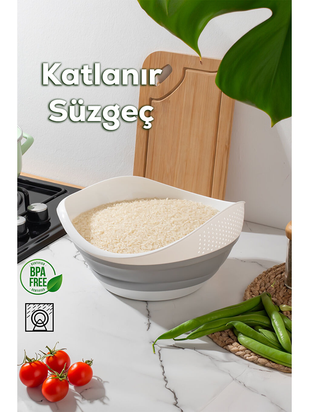Gri 726 Çok Amaçlı Katlanabilir Yıkama Süzgeci - Akordiyon Pirinç Meyve Sebze Leğeni 3 Litre