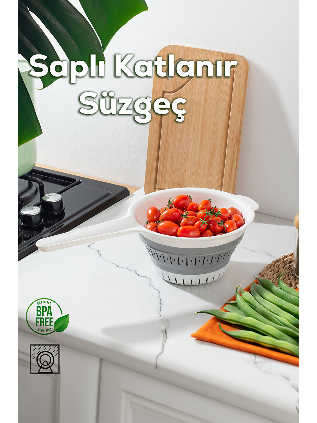 Porsima Beyaz 804 Çok Amaçlı Katlanabilir Saplı Yıkama Süzgeci - Akordiyon Pirinç Meyve Sebze Leğeni 3 L