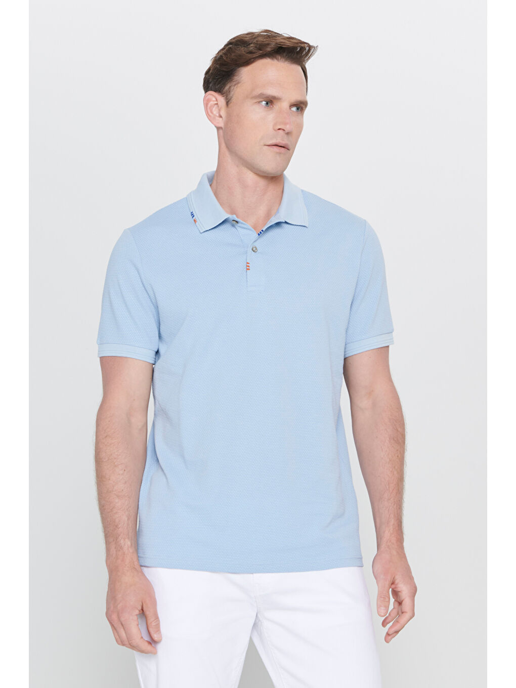 Erkek Açık Mavi Slim Fit Dar Kesim Polo Yaka Düz Pamuklu Tişört-2