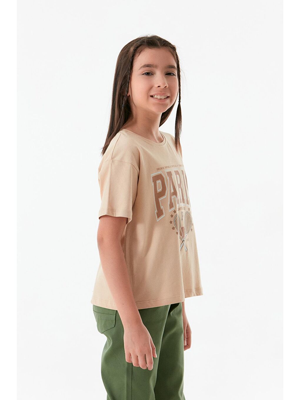 Bej Yazı Baskılı Yanları Büzgülü Kız Çocuk Tişört-1