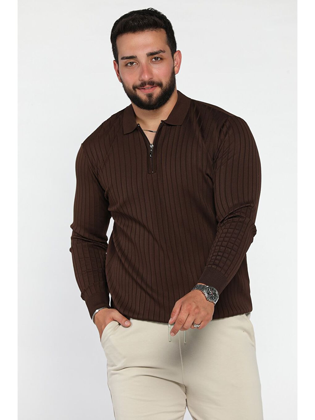 Kahverengi Erkek Polo Yaka Yarım Fermuarlı Triko Kazak-1